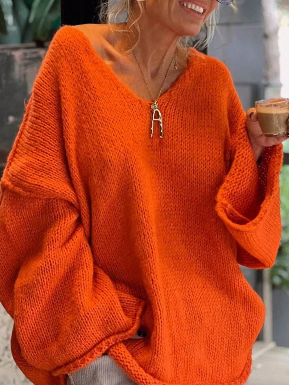Orange Casual Women's V Neck Drop Shoulder Oversized Long Pullovers
